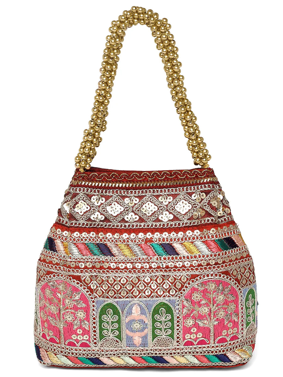 Maroon potli bag named Ethnic Embroidered Potli Purse, featuring artificial beads detailing and soft fabric texture | Peora
