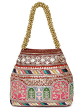 Maroon potli bag named Ethnic Embroidered Potli Purse, featuring artificial beads detailing and soft fabric texture | Peora
