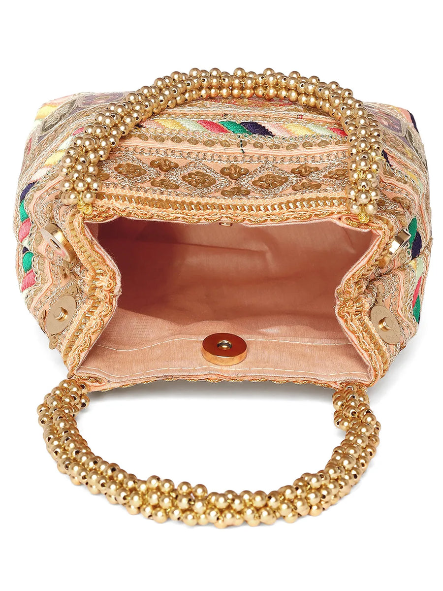 Peach potli bag named Ethnic Embroidered Potli Purse, featuring artificial beads detailing and soft fabric texture | Peora
