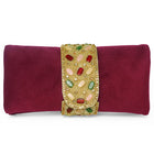 Maroon clutch bag named Stylish Classic Envelope Clutch, featuring faux emerald detailing and soft fabric texture | Peora

