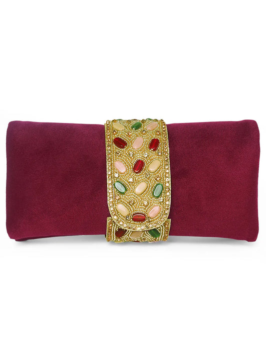 Maroon clutch bag named Stylish Classic Envelope Clutch, featuring faux emerald detailing and soft fabric texture | Peora
