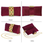 Maroon clutch bag named Stylish Classic Envelope Clutch, featuring faux emerald detailing and soft fabric texture | Peora
