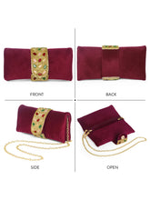 Maroon clutch bag named Stylish Classic Envelope Clutch, featuring faux emerald detailing and soft fabric texture | Peora
