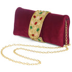 Maroon clutch bag named Stylish Classic Envelope Clutch, featuring faux emerald detailing and soft fabric texture | Peora
