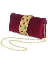 Maroon clutch bag named Stylish Classic Envelope Clutch, featuring faux emerald detailing and soft fabric texture | Peora
