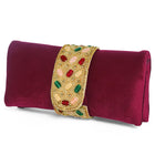 Maroon clutch bag named Stylish Classic Envelope Clutch, featuring faux emerald detailing and soft fabric texture | Peora
