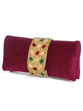 Maroon clutch bag named Stylish Classic Envelope Clutch, featuring faux emerald detailing and soft fabric texture | Peora

