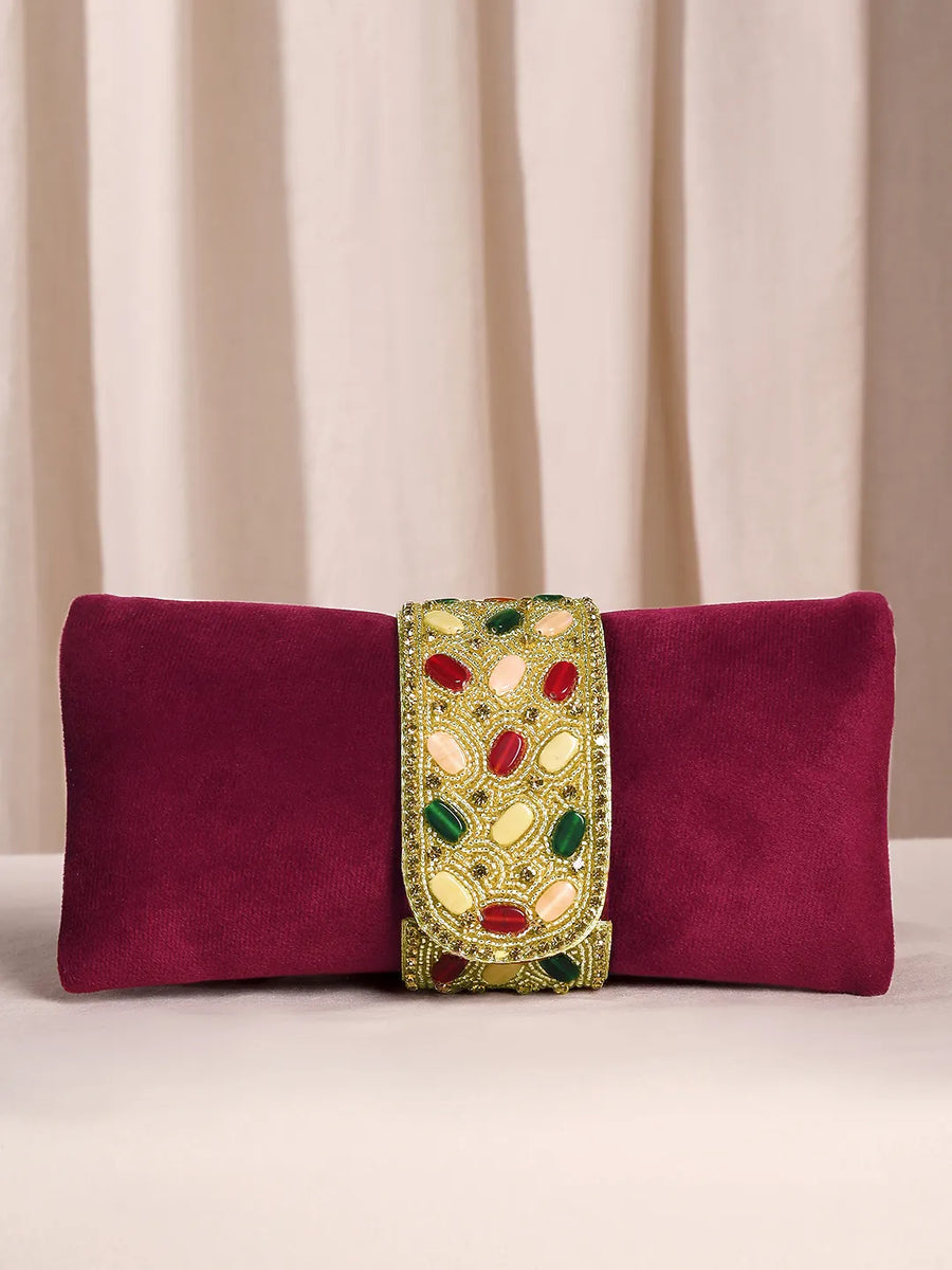 Maroon clutch bag named Stylish Classic Envelope Clutch, featuring faux emerald detailing and soft fabric texture | Peora
