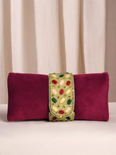 Maroon clutch bag named Stylish Classic Envelope Clutch, featuring faux emerald detailing and soft fabric texture | Peora
