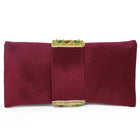 Maroon clutch bag named Stylish Classic Envelope Clutch, featuring faux emerald detailing and soft fabric texture | Peora
