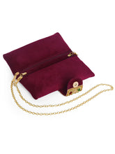 Maroon clutch bag named Stylish Classic Envelope Clutch, featuring faux emerald detailing and soft fabric texture | Peora

