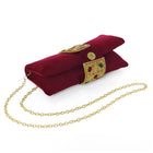 Maroon clutch bag named Stylish Classic Envelope Clutch, featuring faux emerald detailing and soft fabric texture | Peora
