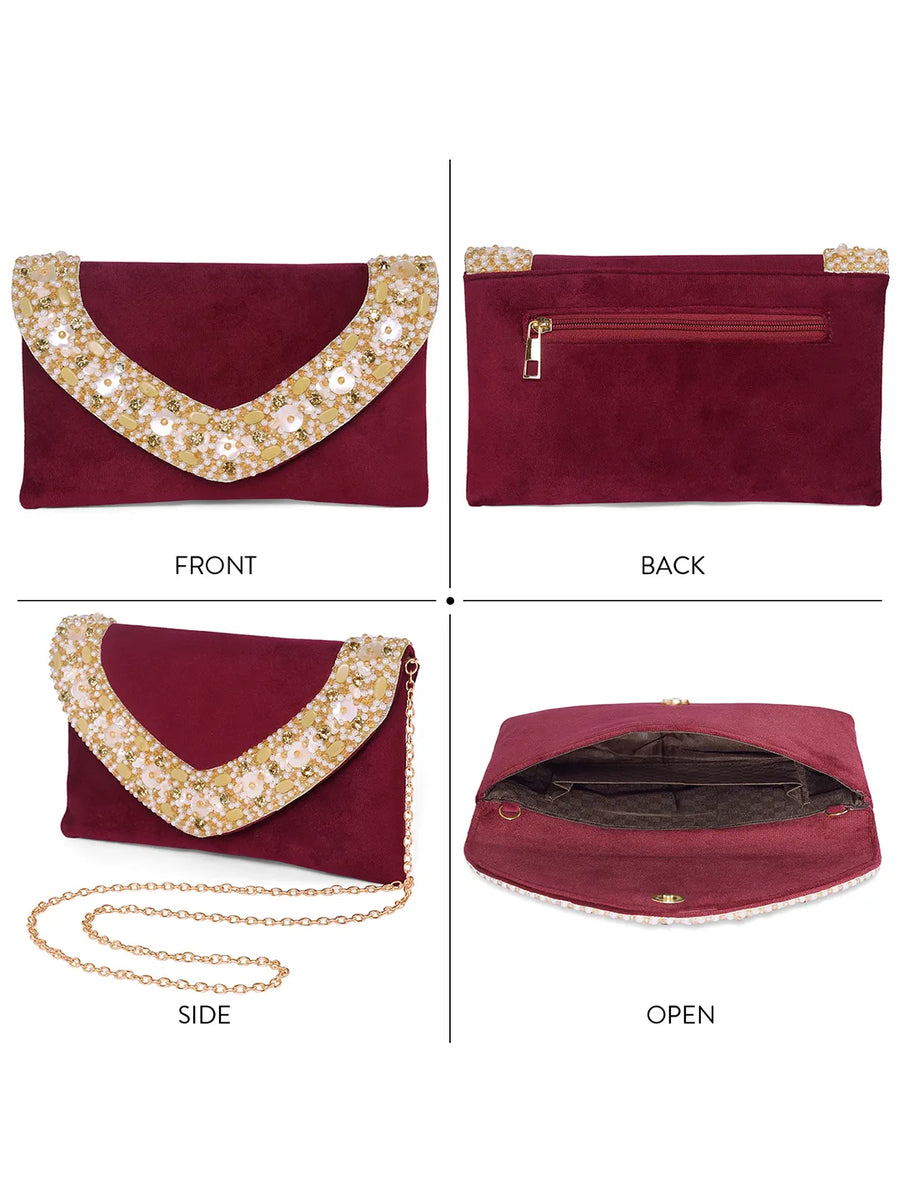 Maroon clutch bag named Gilded Glamour Evening Hand Clutch, featuring artificial beads detailing and soft fabric texture | Peora
