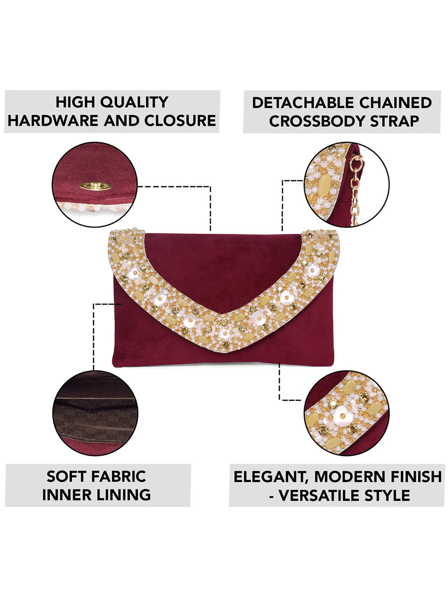 Maroon clutch bag named Gilded Glamour Evening Hand Clutch, featuring artificial beads detailing and soft fabric texture | Peora
