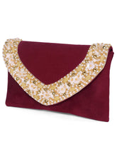 Brown clutch bag named Gilded Glamour Evening Hand Clutch, featuring artificial beads detailing and soft fabric texture | Peora
