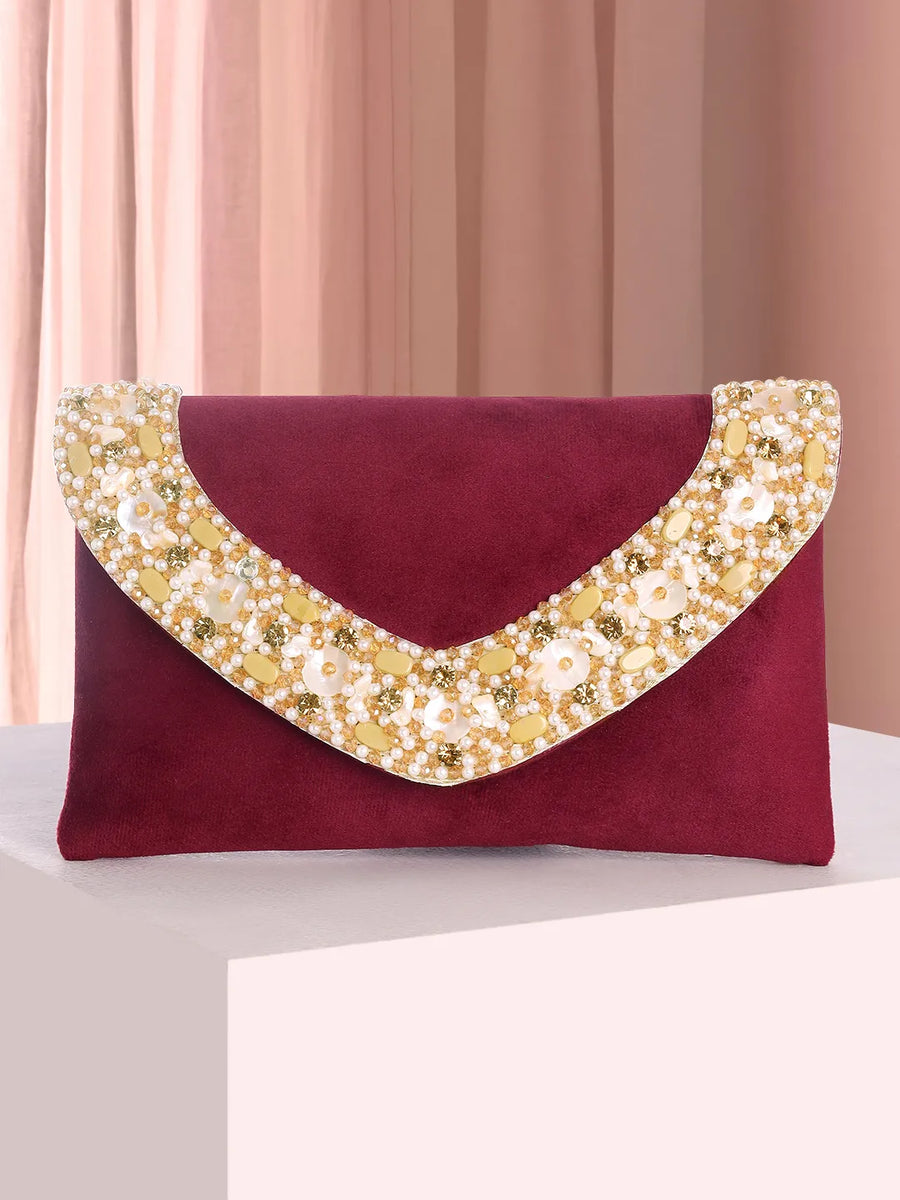 Brown clutch bag named Gilded Glamour Evening Hand Clutch, featuring artificial beads detailing and soft fabric texture | Peora
