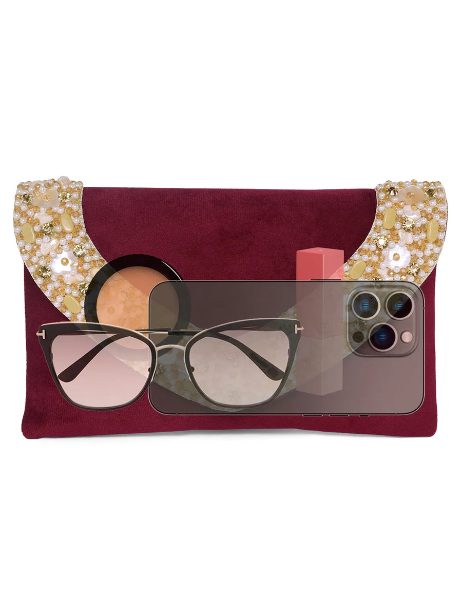 Brown clutch bag named Gilded Glamour Evening Hand Clutch, featuring artificial beads detailing and soft fabric texture | Peora
