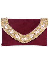 Brown clutch bag named Gilded Glamour Evening Hand Clutch, featuring artificial beads detailing and soft fabric texture | Peora
