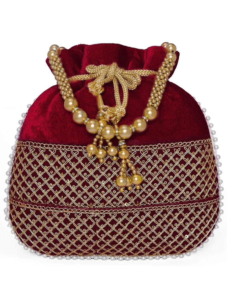 Maroon potli bag named Pearl Trim Zari Bead Potli Bag, featuring artificial beads detailing and soft fabric texture | Peora
