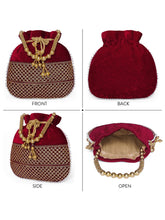 Maroon potli bag named Pearl Trim Zari Bead Potli Bag, featuring artificial beads detailing and soft fabric texture | Peora
