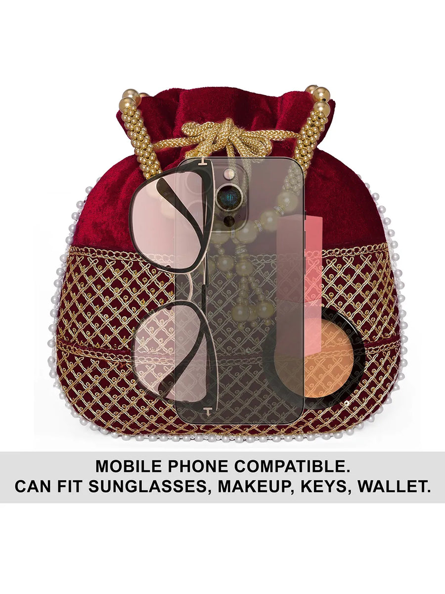 Maroon potli bag named Pearl Trim Zari Bead Potli Bag, featuring artificial beads detailing and soft fabric texture | Peora
