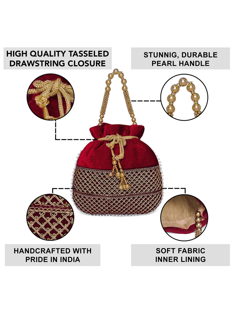 Maroon potli bag named Pearl Trim Zari Bead Potli Bag, featuring artificial beads detailing and soft fabric texture | Peora
