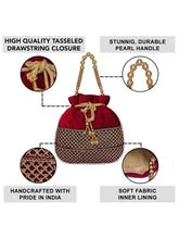Maroon potli bag named Pearl Trim Zari Bead Potli Bag, featuring artificial beads detailing and soft fabric texture | Peora
