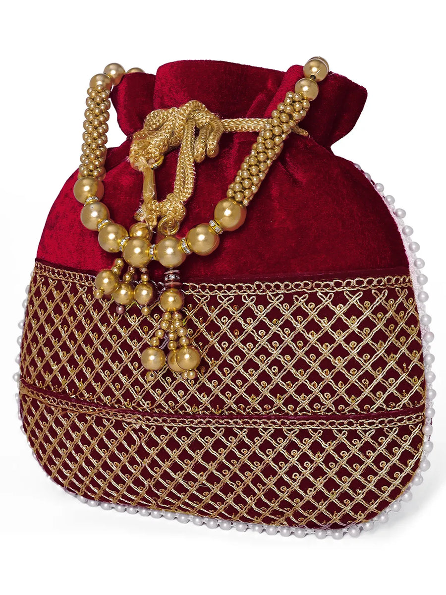 Maroon potli bag named Pearl Trim Zari Bead Potli Bag, featuring artificial beads detailing and soft fabric texture | Peora
