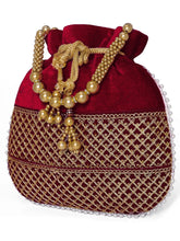 Maroon potli bag named Pearl Trim Zari Bead Potli Bag, featuring artificial beads detailing and soft fabric texture | Peora
