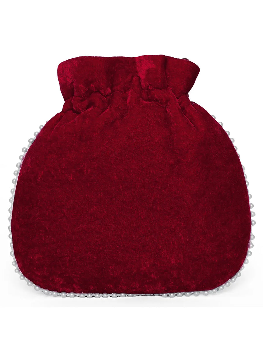 Maroon potli bag named Pearl Trim Zari Bead Potli Bag, featuring artificial beads detailing and soft fabric texture | Peora
