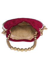 Maroon potli bag named Pearl Trim Zari Bead Potli Bag, featuring artificial beads detailing and soft fabric texture | Peora

