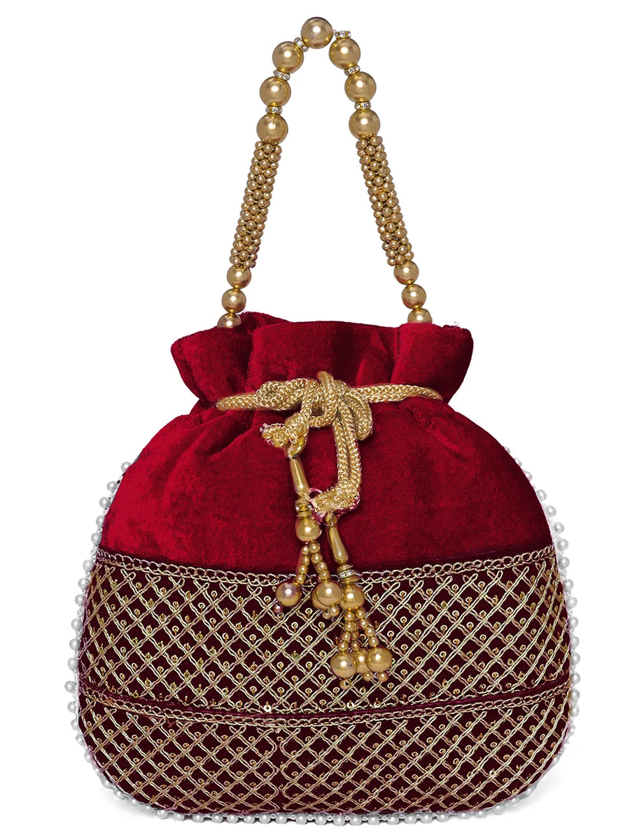 Maroon potli bag named Pearl Trim Zari Bead Potli Bag, featuring artificial beads detailing and soft fabric texture | Peora

