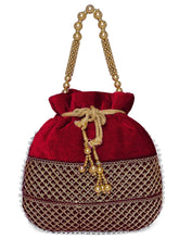 Maroon potli bag named Pearl Trim Zari Bead Potli Bag, featuring artificial beads detailing and soft fabric texture | Peora
