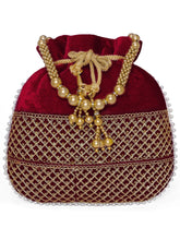 Maroon potli bag named Pearl Trim Zari Bead Potli Bag, featuring artificial beads detailing and soft fabric texture | Peora
