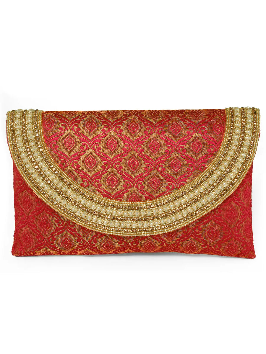 Maroon clutch bag named Twilight Gleam Foldover Clutch, featuring pearl detailing and soft fabric texture | Peora
