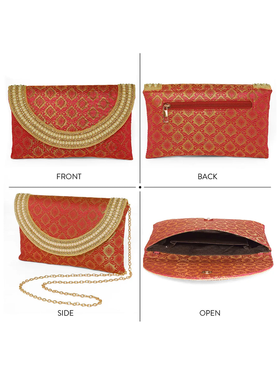 Maroon clutch bag named Twilight Gleam Foldover Clutch, featuring pearl detailing and soft fabric texture | Peora
