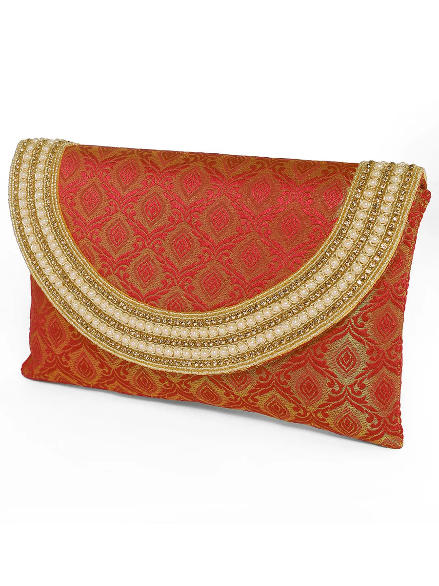 Maroon clutch bag named Twilight Gleam Foldover Clutch, featuring pearl detailing and soft fabric texture | Peora
