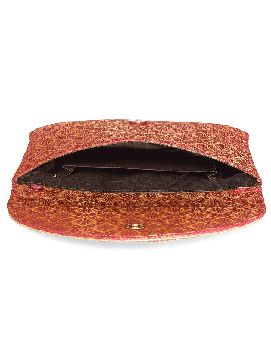 Maroon clutch bag named Twilight Gleam Foldover Clutch, featuring pearl detailing and soft fabric texture | Peora
