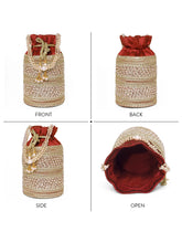 Maroon potli bag named Sequin & Pearl Embellished Potli Bag, featuring faux pearl detailing and soft fabric texture | Peora
