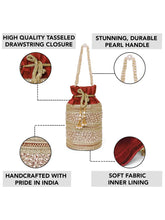 Maroon potli bag named Sequin & Pearl Embellished Potli Bag, featuring faux pearl detailing and soft fabric texture | Peora

