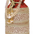Maroon potli bag named Sequin & Pearl Embellished Potli Bag, featuring faux pearl detailing and soft fabric texture | Peora

