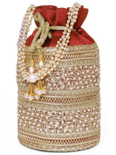 Maroon potli bag named Sequin & Pearl Embellished Potli Bag, featuring faux pearl detailing and soft fabric texture | Peora
