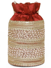Maroon potli bag named Sequin & Pearl Embellished Potli Bag, featuring faux pearl detailing and soft fabric texture | Peora
