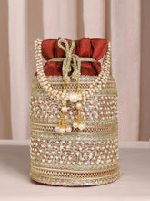 Maroon potli bag named Sequin & Pearl Embellished Potli Bag, featuring faux pearl detailing and soft fabric texture | Peora
