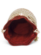 Maroon potli bag named Sequin & Pearl Embellished Potli Bag, featuring faux pearl detailing and soft fabric texture | Peora
