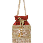 Maroon potli bag named Sequin & Pearl Embellished Potli Bag, featuring faux pearl detailing and soft fabric texture | Peora
