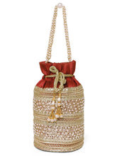Maroon potli bag named Sequin & Pearl Embellished Potli Bag, featuring faux pearl detailing and soft fabric texture | Peora
