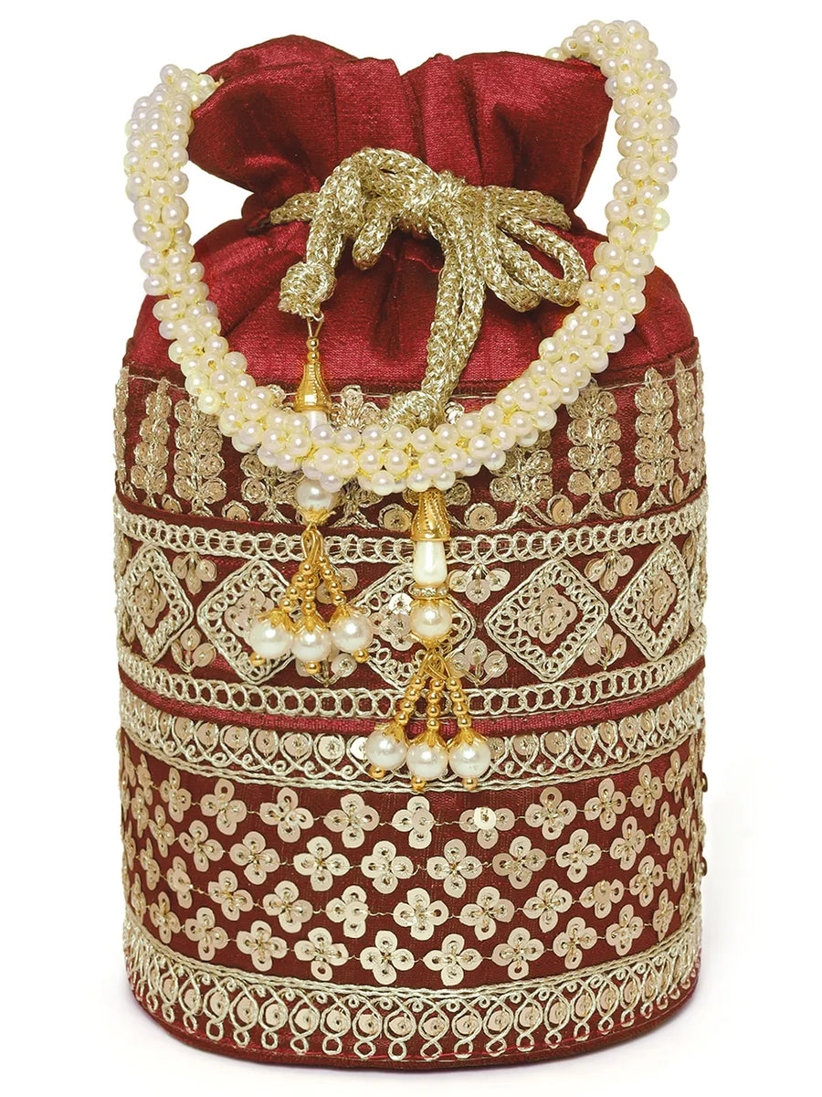 Maroon potli bag named Ethnic Floral Potli with sequins Mofit, featuring artificial beads detailing and soft fabric texture | Peora
