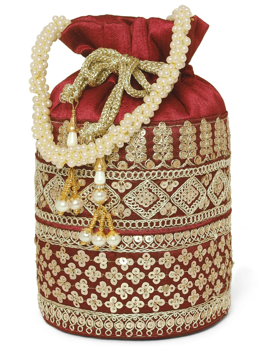 Maroon potli bag named Ethnic Floral Potli with sequins Mofit, featuring artificial beads detailing and soft fabric texture | Peora
