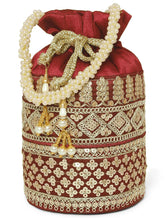 Maroon potli bag named Ethnic Floral Potli with sequins Mofit, featuring artificial beads detailing and soft fabric texture | Peora
